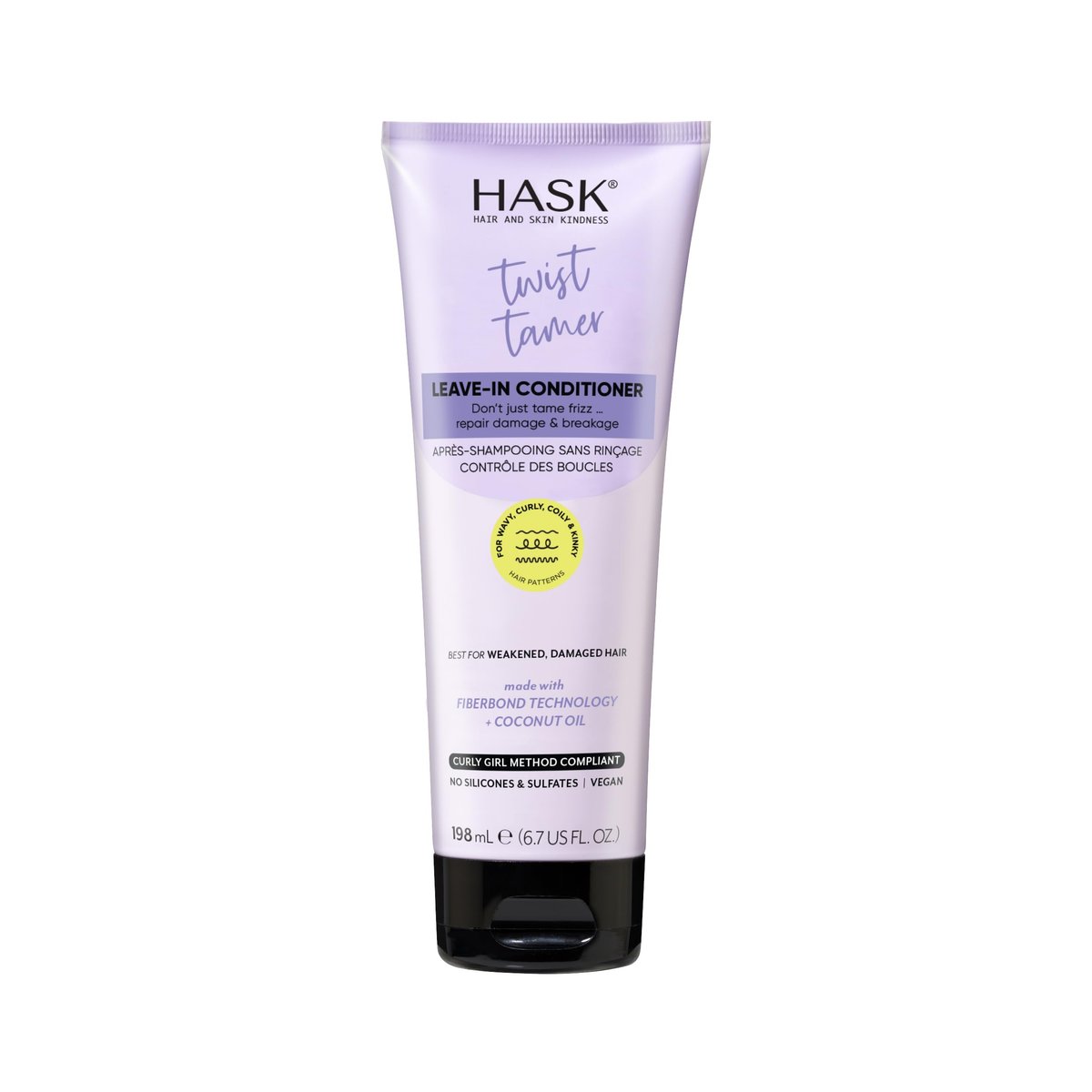 HASK Twist Tamer Leave-In Conditioner mit FiberBond Technologie & Kokosöl für welliges, lockiges, krauses & afro Haar – Stärkt, reduziert Frizz, spendet Feuchtigkeit, vegan, sulfatfrei – 200 ml