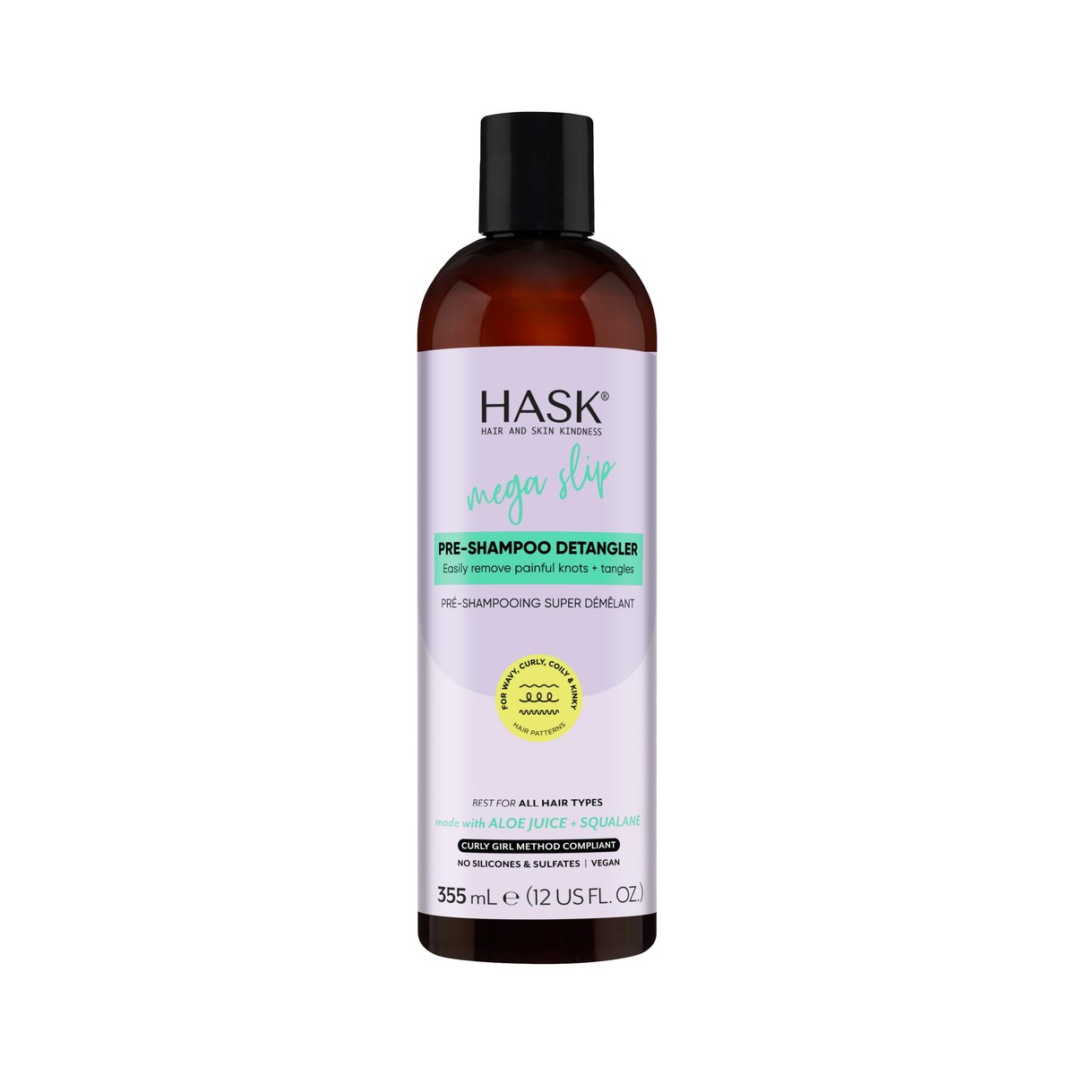 HASK Mega Slip Pre-Shampoo Entwirrer mit Aloe-Saft & Squalan für welliges, lockiges, coily & kinky Haar – Feuchtigkeitsspendend, reduziert Haarbruch, vegan, sulfatfrei, tierversuchsfrei – 355 ml