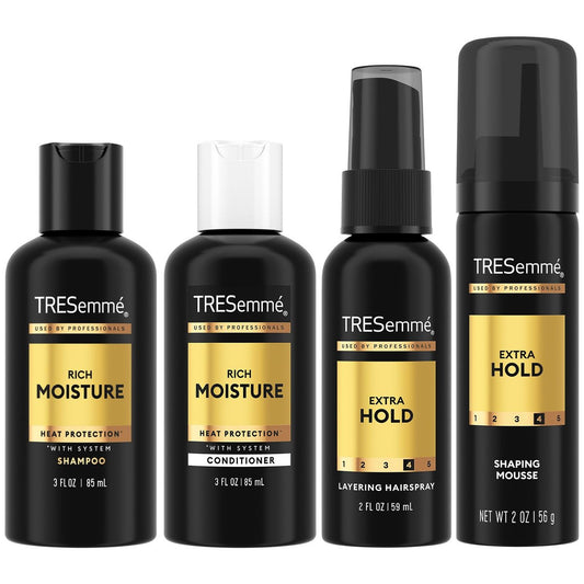 TRESemmé Reiseset: Shampoo, Spülung, Haarspray & Schaumfestiger – Reichhaltige Feuchtigkeitspflege für 24h Frizz-Kontrolle (4-teilig)