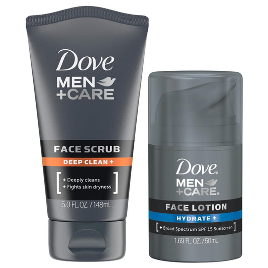 Dove Men+ Care Bundle – Gesichtsfeuchtigkeitscreme für Männer, Hydrate+ mit LSF 15 & Gesichtspeeling, Deep Clean+ Feuchtigkeitspflege (2er-Set)