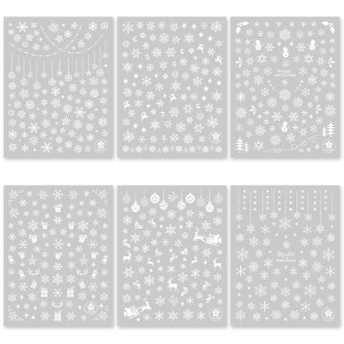 IDDFEVE Schneeflocken-Nagelaufkleber, Weihnachten 3D Selbstklebende Nail Art Decals – Weißer Schneemann, Weihnachtsmann, Elch Design für DIY Maniküre Winter Xmas Nageldekorationen (6 Blätter)