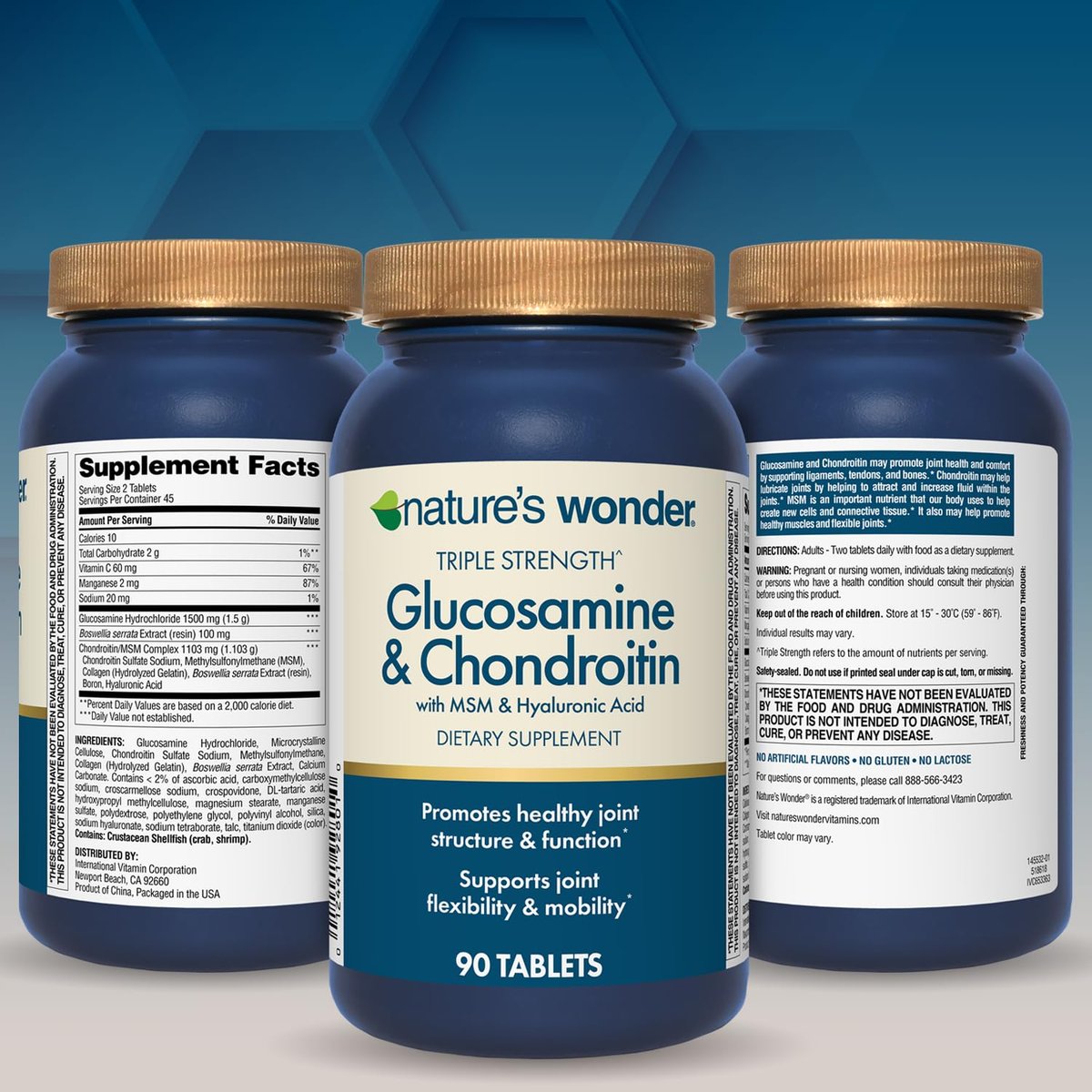 Nature's Wonder Triple-Stärke Glucosamin Chondroitin mit MSM, Hyaluronsäure und Boswellia – 90 Tabletten, 45-Tage-Vorrat