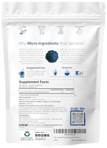 Bio Blue Spirulina Pulver (Phycocyanin-Extrakt), 30 Portionen – Kein Fischgeruch, 100% veganes Protein aus Blaualgen, Natürliche leuchtende Lebensmittelfarbe für Smoothies, Backen, Getränke & Kochen