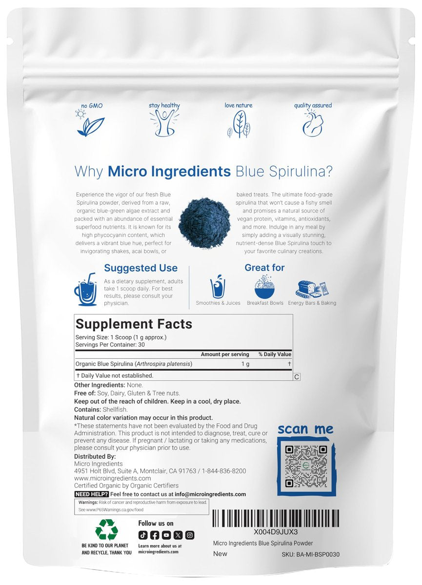 Bio Blue Spirulina Pulver (Phycocyanin-Extrakt), 30 Portionen – Kein Fischgeruch, 100% veganes Protein aus Blaualgen, Natürliche leuchtende Lebensmittelfarbe für Smoothies, Backen, Getränke & Kochen