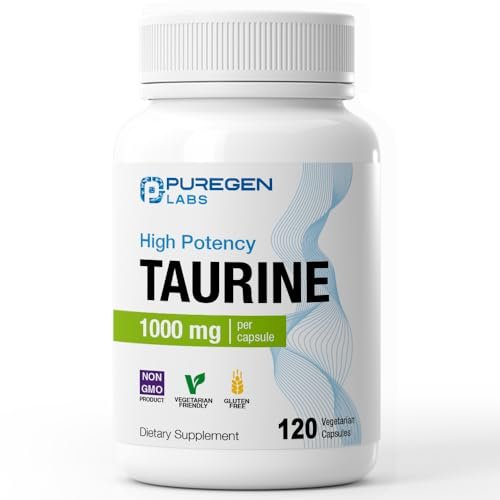 Puregen Labs Taurin 1000 mg [Hohe Potenz] – 120 vegane Kapseln, ohne schädliche Zusätze, Nicht-GVO, gluten- und laktosefrei – 120 Portionen