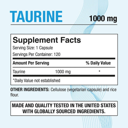 Puregen Labs Taurin 1000 mg [Hohe Potenz] – 120 vegane Kapseln, ohne schädliche Zusätze, Nicht-GVO, gluten- und laktosefrei – 120 Portionen
