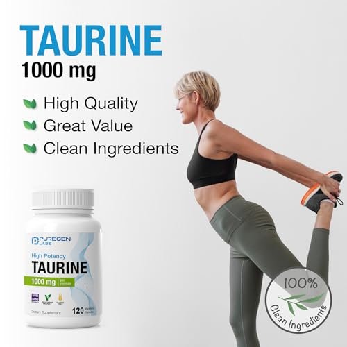 Puregen Labs Taurin 1000 mg [Hohe Potenz] – 120 vegane Kapseln, ohne schädliche Zusätze, Nicht-GVO, gluten- und laktosefrei – 120 Portionen