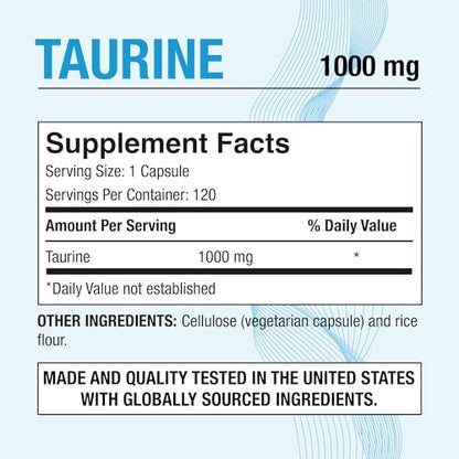 Puregen Labs Taurin 1000 mg [Hohe Potenz] – 120 vegane Kapseln, ohne schädliche Zusätze, Nicht-GVO, gluten- und laktosefrei – 120 Portionen