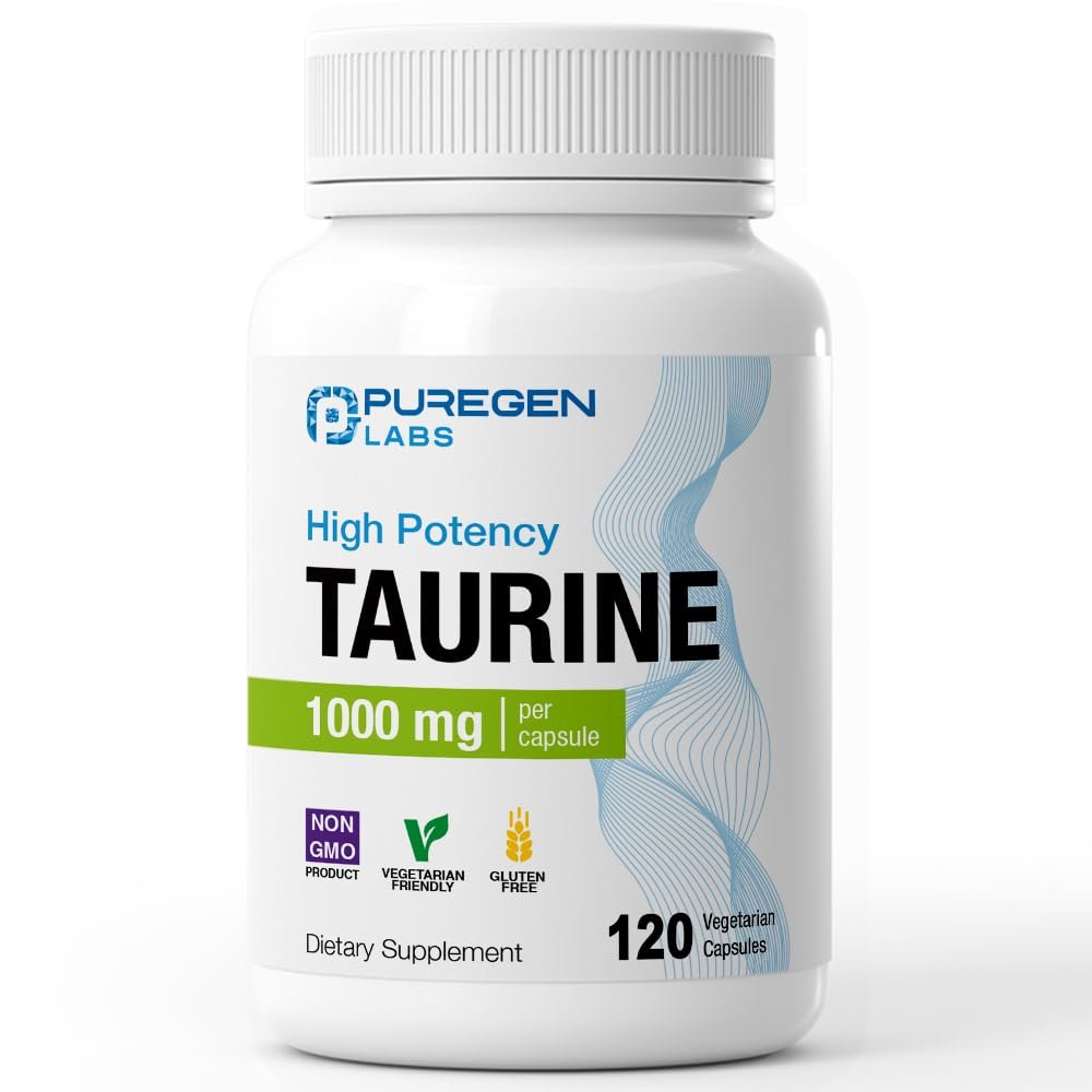 Puregen Labs Taurin 1000 mg [Hohe Potenz] – 120 vegane Kapseln, ohne schädliche Zusätze, Nicht-GVO, gluten- und laktosefrei – 120 Portionen
