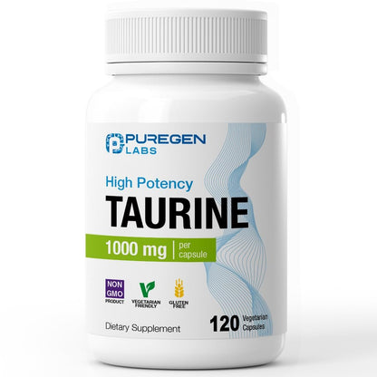 Puregen Labs Taurin 1000 mg [Hohe Potenz] – 120 vegane Kapseln, ohne schädliche Zusätze, Nicht-GVO, gluten- und laktosefrei – 120 Portionen