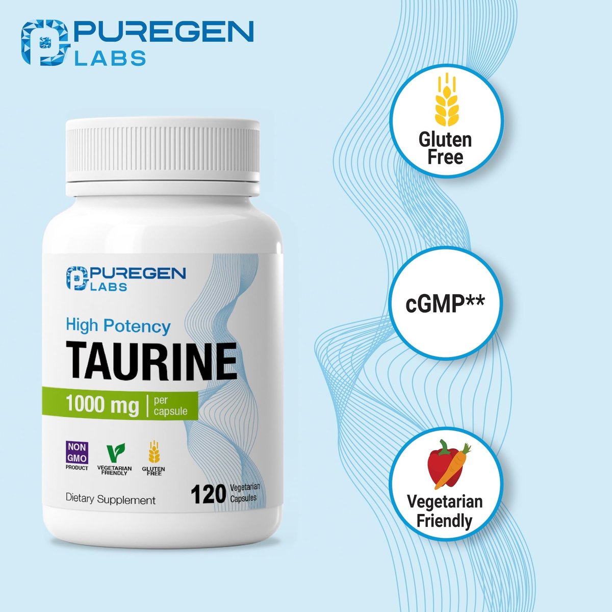 Puregen Labs Taurin 1000 mg [Hohe Potenz] – 120 vegane Kapseln, ohne schädliche Zusätze, Nicht-GVO, gluten- und laktosefrei – 120 Portionen
