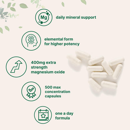 Magnesiumoxid 400 mg, 500 Kapseln | Elementare Form für maximale Konzentration | Unterstützt Ruhe, Muskel- und Nervengesundheit | Non-GMO