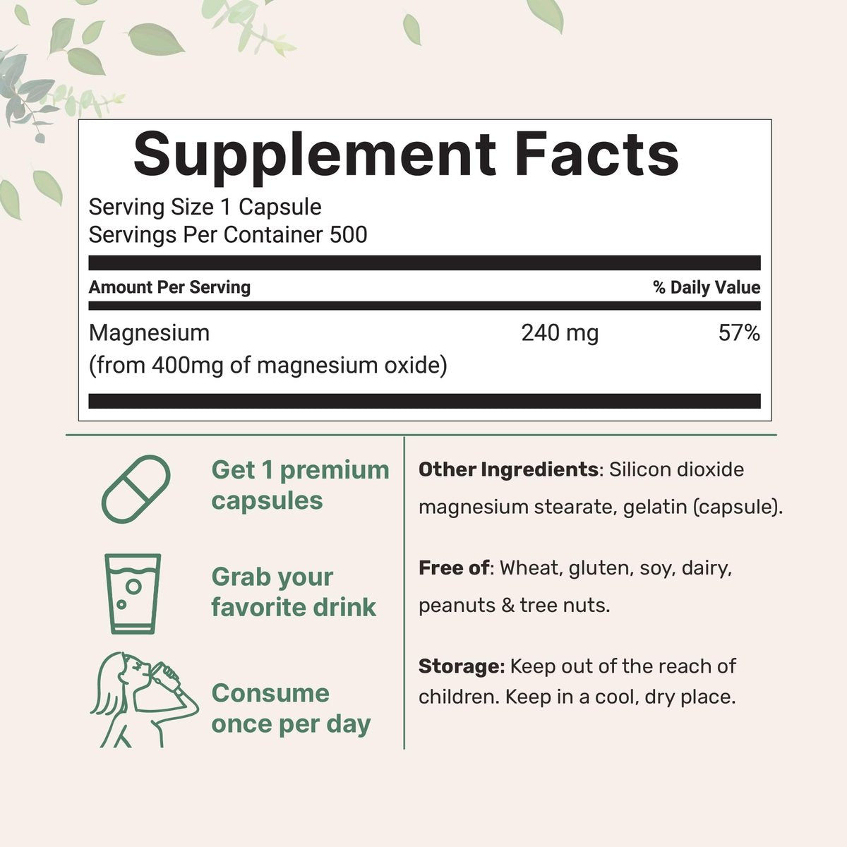 Magnesiumoxid 400 mg, 500 Kapseln | Elementare Form für maximale Konzentration | Unterstützt Ruhe, Muskel- und Nervengesundheit | Non-GMO