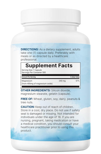 Magnesiumoxid 400 mg, 500 Kapseln | Elementare Form für maximale Konzentration | Unterstützt Ruhe, Muskel- und Nervengesundheit | Non-GMO