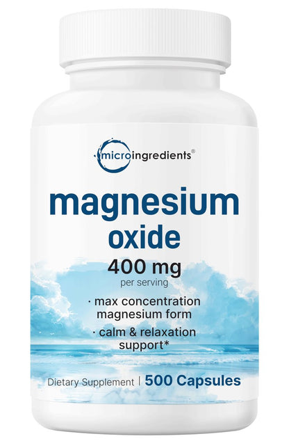 Magnesiumoxid 400 mg, 500 Kapseln | Elementare Form für maximale Konzentration | Unterstützt Ruhe, Muskel- und Nervengesundheit | Non-GMO