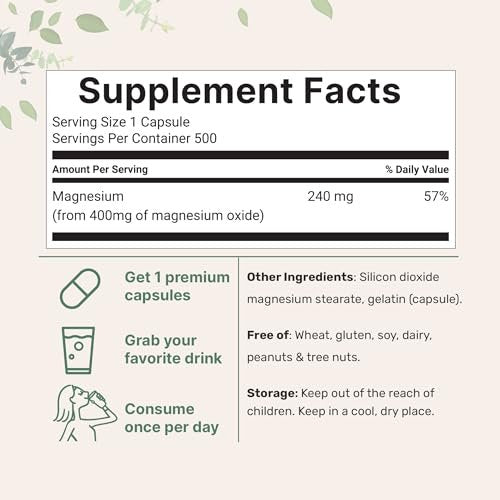 Magnesiumoxid 400 mg, 500 Kapseln | Elementare Form für maximale Konzentration | Unterstützt Ruhe, Muskel- und Nervengesundheit | Non-GMO