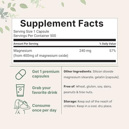 Magnesiumoxid 400 mg, 500 Kapseln | Elementare Form für maximale Konzentration | Unterstützt Ruhe, Muskel- und Nervengesundheit | Non-GMO