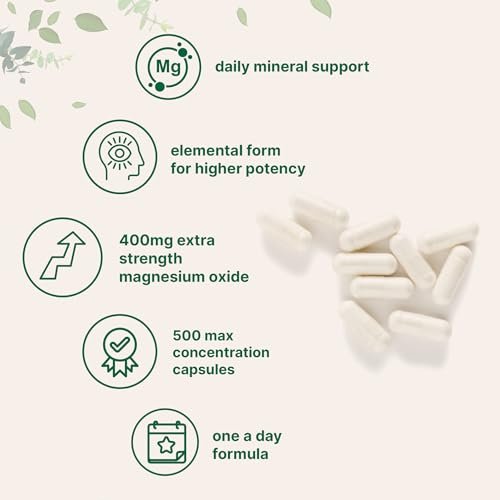 Magnesiumoxid 400 mg, 500 Kapseln | Elementare Form für maximale Konzentration | Unterstützt Ruhe, Muskel- und Nervengesundheit | Non-GMO