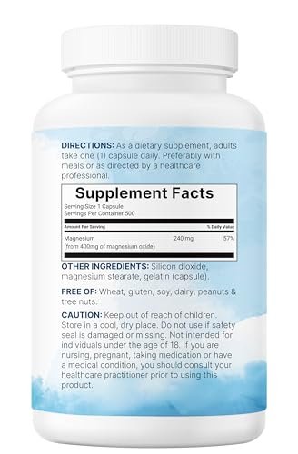 Magnesiumoxid 400 mg, 500 Kapseln | Elementare Form für maximale Konzentration | Unterstützt Ruhe, Muskel- und Nervengesundheit | Non-GMO