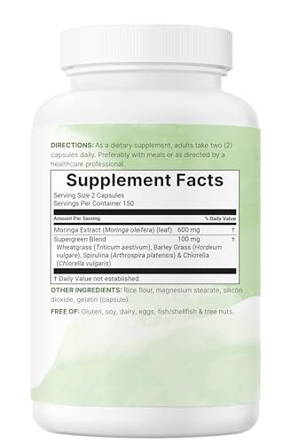 Micro Ingredients Moringa Oleifera – 300 Kapseln mit Supergreens-Mischung aus Weizengras, Gerstengras, Spirulina & Chlorella – Antioxidantien-Supplement für Energie & Immunsystem – Nicht-GVO