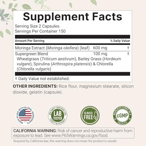 Micro Ingredients Moringa Oleifera – 300 Kapseln mit Supergreens-Mischung aus Weizengras, Gerstengras, Spirulina & Chlorella – Antioxidantien-Supplement für Energie & Immunsystem – Nicht-GVO