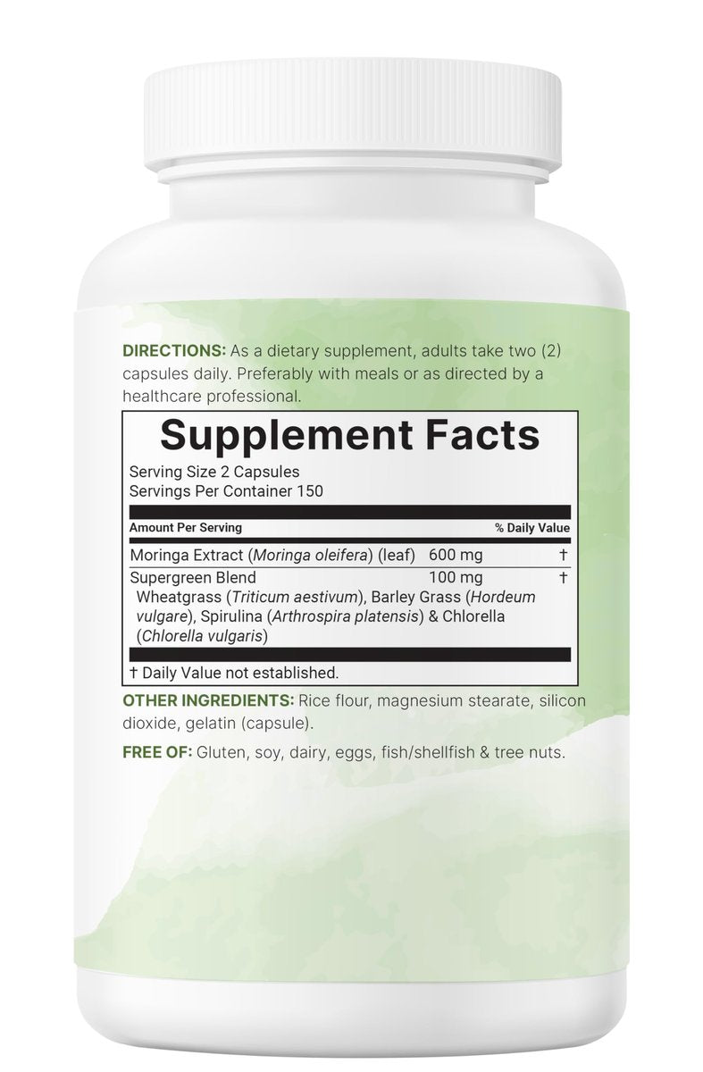 Micro Ingredients Moringa Oleifera – 300 Kapseln mit Supergreens-Mischung aus Weizengras, Gerstengras, Spirulina & Chlorella – Antioxidantien-Supplement für Energie & Immunsystem – Nicht-GVO