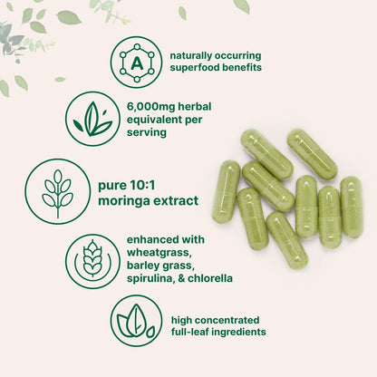 Micro Ingredients Moringa Oleifera – 300 Kapseln mit Supergreens-Mischung aus Weizengras, Gerstengras, Spirulina & Chlorella – Antioxidantien-Supplement für Energie & Immunsystem – Nicht-GVO