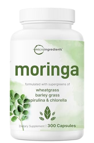 Micro Ingredients Moringa Oleifera – 300 Kapseln mit Supergreens-Mischung aus Weizengras, Gerstengras, Spirulina & Chlorella – Antioxidantien-Supplement für Energie & Immunsystem – Nicht-GVO