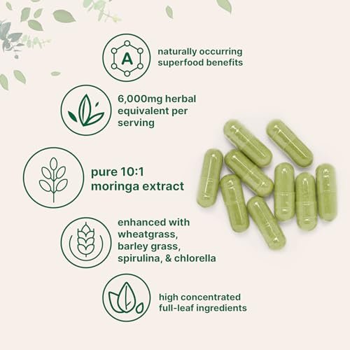 Micro Ingredients Moringa Oleifera – 300 Kapseln mit Supergreens-Mischung aus Weizengras, Gerstengras, Spirulina & Chlorella – Antioxidantien-Supplement für Energie & Immunsystem – Nicht-GVO