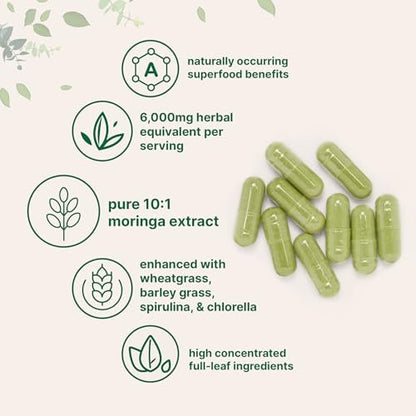Micro Ingredients Moringa Oleifera – 300 Kapseln mit Supergreens-Mischung aus Weizengras, Gerstengras, Spirulina & Chlorella – Antioxidantien-Supplement für Energie & Immunsystem – Nicht-GVO