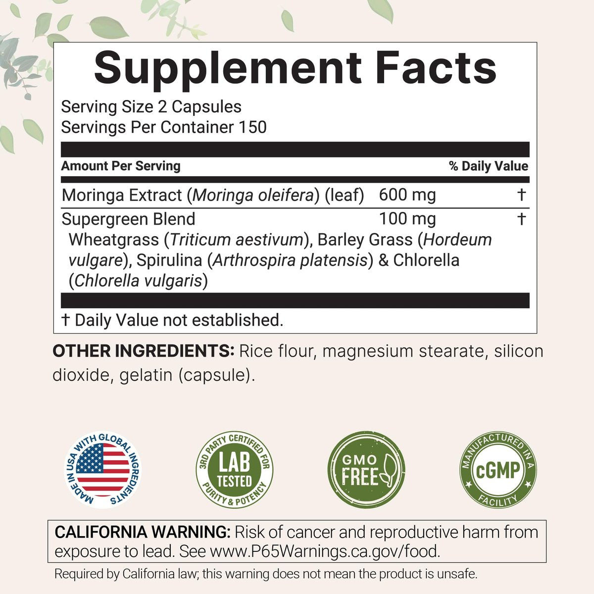 Micro Ingredients Moringa Oleifera – 300 Kapseln mit Supergreens-Mischung aus Weizengras, Gerstengras, Spirulina & Chlorella – Antioxidantien-Supplement für Energie & Immunsystem – Nicht-GVO