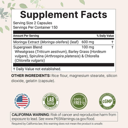 Micro Ingredients Moringa Oleifera – 300 Kapseln mit Supergreens-Mischung aus Weizengras, Gerstengras, Spirulina & Chlorella – Antioxidantien-Supplement für Energie & Immunsystem – Nicht-GVO