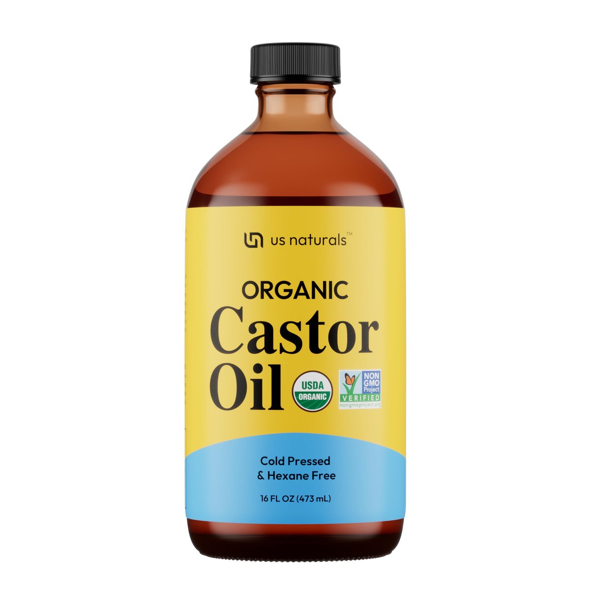 Us Naturals 16 oz Bio-Rizinusöl in Glasflasche – USDA Bio & Non-GMO – 100% rein, kaltgepresst, unraffiniert, hexanfrei – Premium-Pflegeöl für Haut, Haare, Wimpern, Nägel & mehr