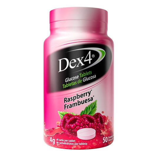 Dex4 Glukose-Tabletten, schnell wirkend, 4g pro Tablette, fettfrei, glutenfrei, Himbeere, 50 Stück