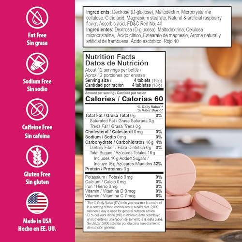 Dex4 Glukose-Tabletten, schnell wirkend, 4g pro Tablette, fettfrei, glutenfrei, Himbeere, 50 Stück