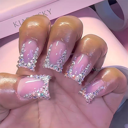 QQPPOLIU Kurze Press-On Nägel Quadratisch mit Strassdesign French Tipps Cute Fake Nägel für Mädchen (Pink & Silber)