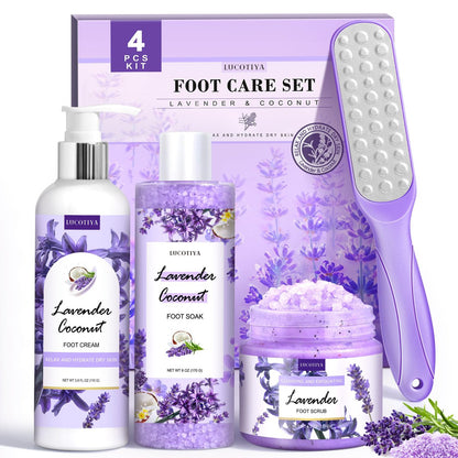 Lavendel Fußbad Set – Badesalz, Fußfeile, Peeling & Urea-Creme für trockene, rissige Füße – Damen Spa-Kit