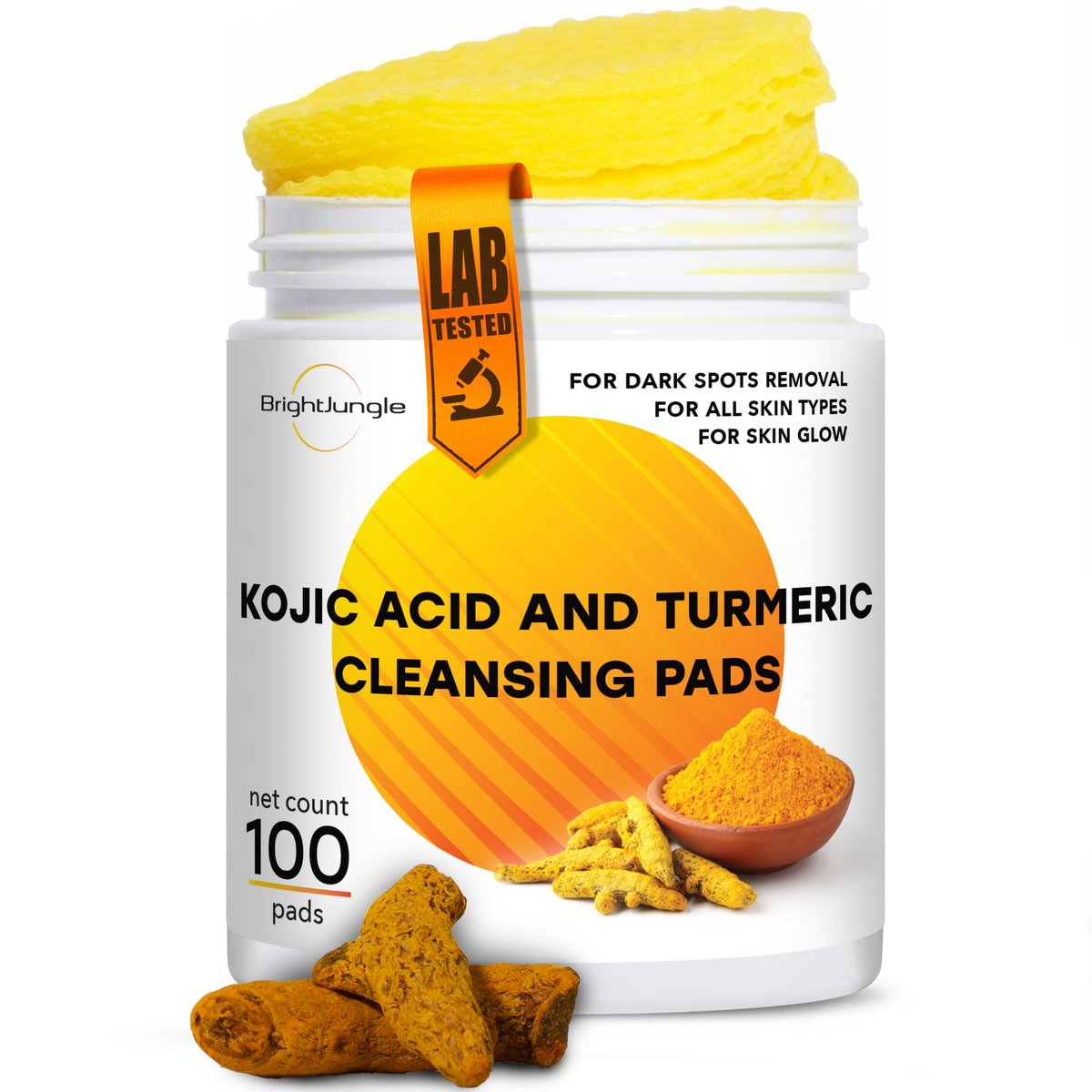 Kojic-Säure und Kurkuma Reinigungspads – 100 Pads | Angereichert mit Ingwerwurzelöl & Aminosäuren | für Gesicht & Körper