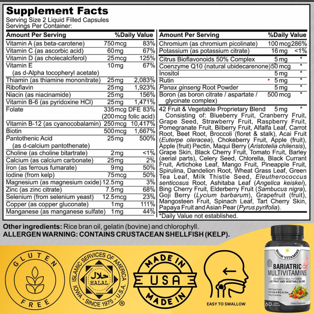 Bariatrisches Multivitamin mit Eisen für Frauen und Männer – All-in-One 42er Superfood-Mischung für Energie und Immununterstützung – Nach der Operation, leicht zu schlucken, Halal, hergestellt in den USA (60 flüssige Kapseln)