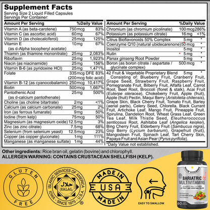 Bariatrisches Multivitamin mit Eisen für Frauen und Männer – All-in-One 42er Superfood-Mischung für Energie und Immununterstützung – Nach der Operation, leicht zu schlucken, Halal, hergestellt in den USA (60 flüssige Kapseln)