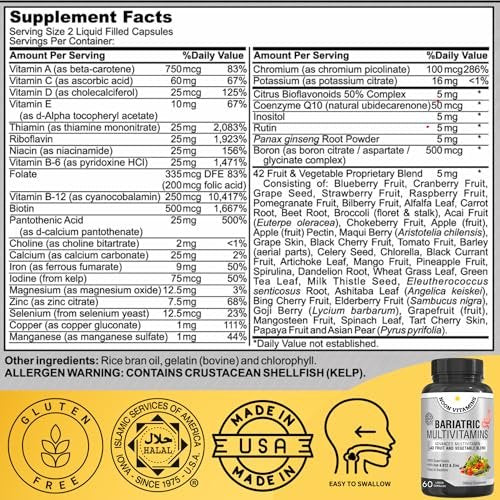 Bariatrisches Multivitamin mit Eisen für Frauen und Männer – All-in-One 42er Superfood-Mischung für Energie und Immununterstützung – Nach der Operation, leicht zu schlucken, Halal, hergestellt in den USA (60 flüssige Kapseln)