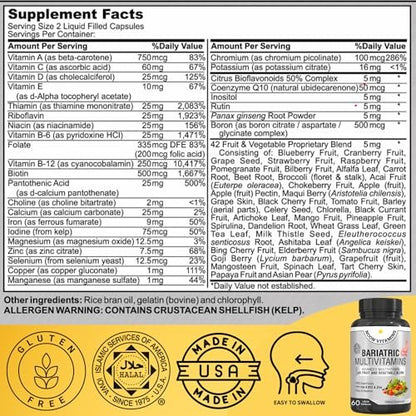 Bariatrisches Multivitamin mit Eisen für Frauen und Männer – All-in-One 42er Superfood-Mischung für Energie und Immununterstützung – Nach der Operation, leicht zu schlucken, Halal, hergestellt in den USA (60 flüssige Kapseln)