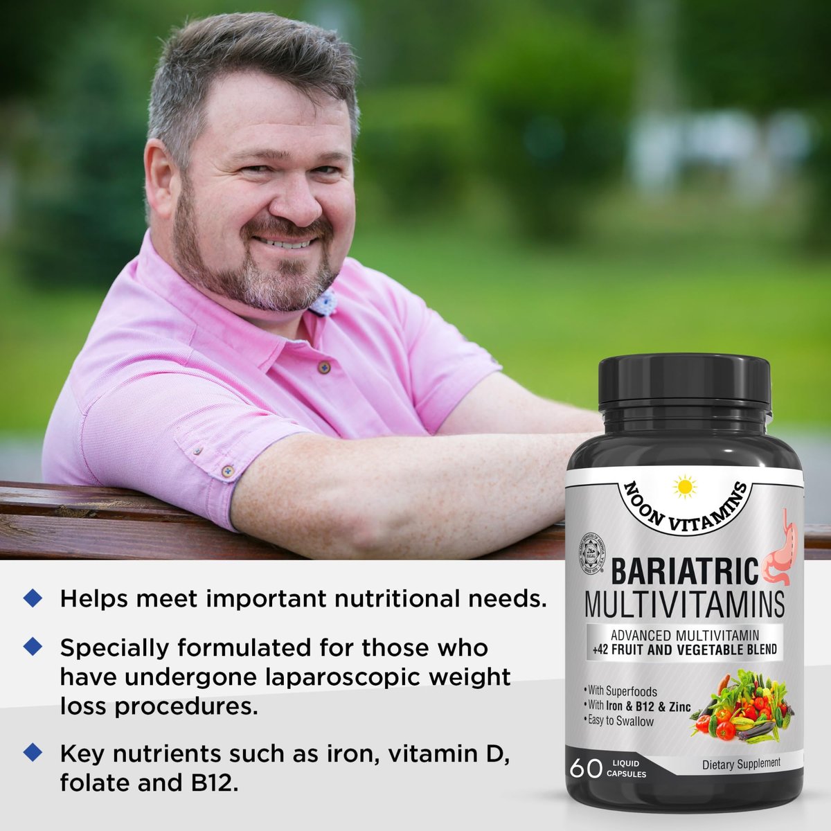 Bariatrisches Multivitamin mit Eisen für Frauen und Männer – All-in-One 42er Superfood-Mischung für Energie und Immununterstützung – Nach der Operation, leicht zu schlucken, Halal, hergestellt in den USA (60 flüssige Kapseln)