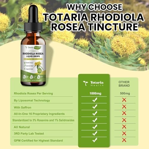 Totaria 16-in-1 Liposomales Rhodiola Rosea Präparat Tinktur 1000mg, Ultra-Stärke Rhodiola 10:1 Wurzelextrakt mit Ashwagandha, Rhodiola Flüssigtropfen für natürliche Entspannung, Stimmung, Energie, alkoholfrei