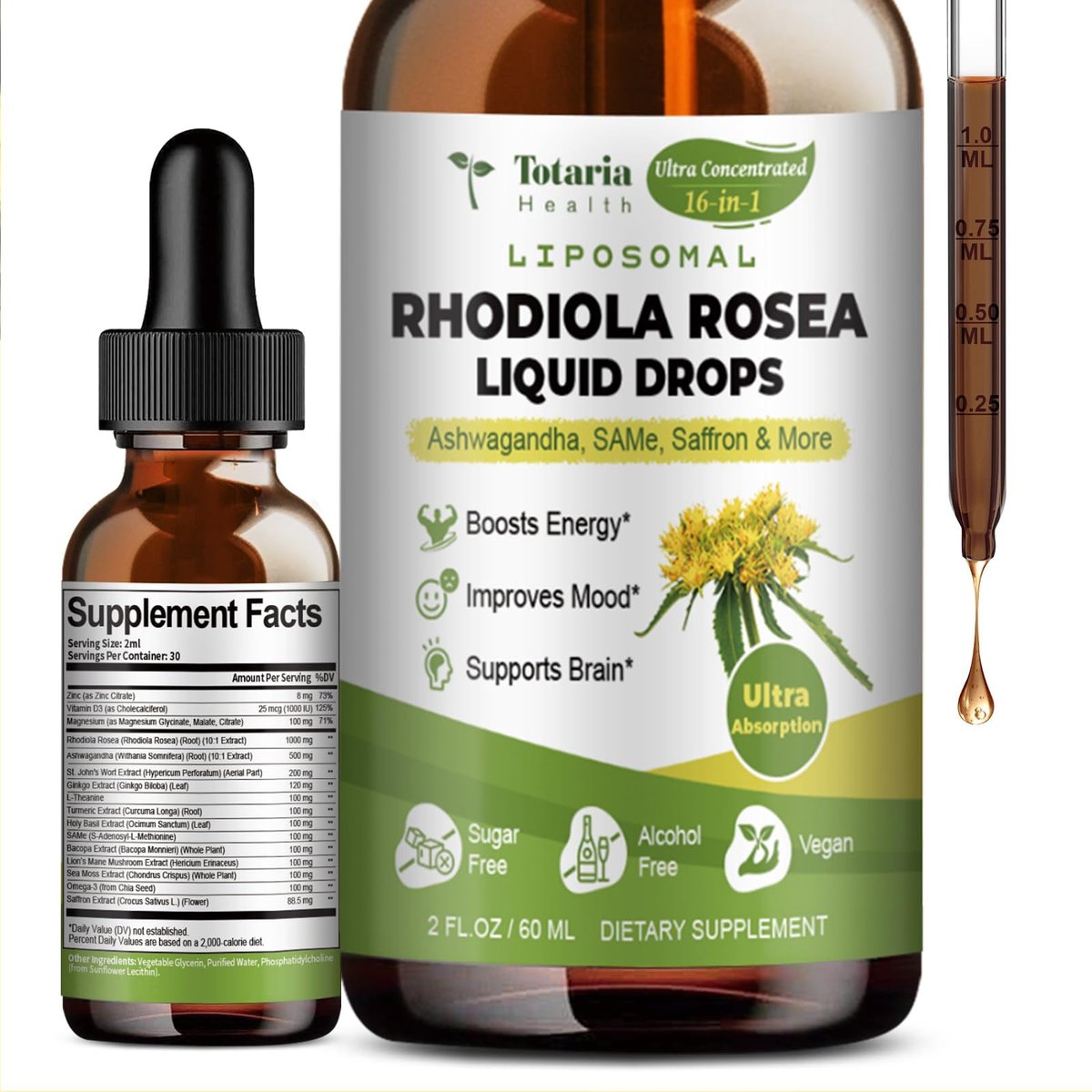 Totaria 16-in-1 Liposomales Rhodiola Rosea Präparat Tinktur 1000mg, Ultra-Stärke Rhodiola 10:1 Wurzelextrakt mit Ashwagandha, Rhodiola Flüssigtropfen für natürliche Entspannung, Stimmung, Energie, alkoholfrei