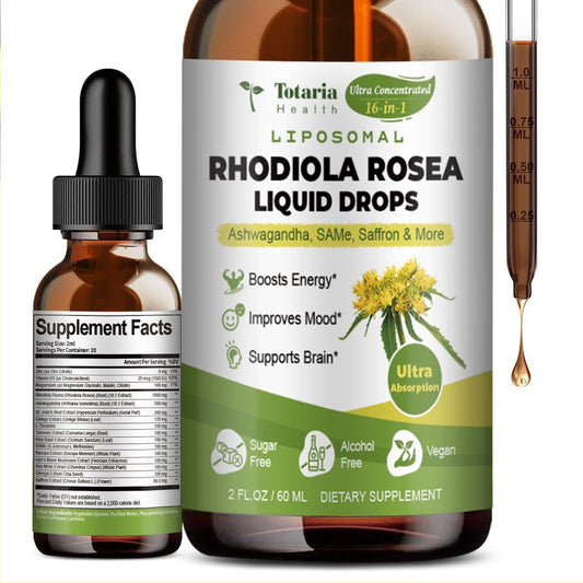 Totaria 16-in-1 Liposomales Rhodiola Rosea Präparat Tinktur 1000mg, Ultra-Stärke Rhodiola 10:1 Wurzelextrakt mit Ashwagandha, Rhodiola Flüssigtropfen für natürliche Entspannung, Stimmung, Energie, alkoholfrei
