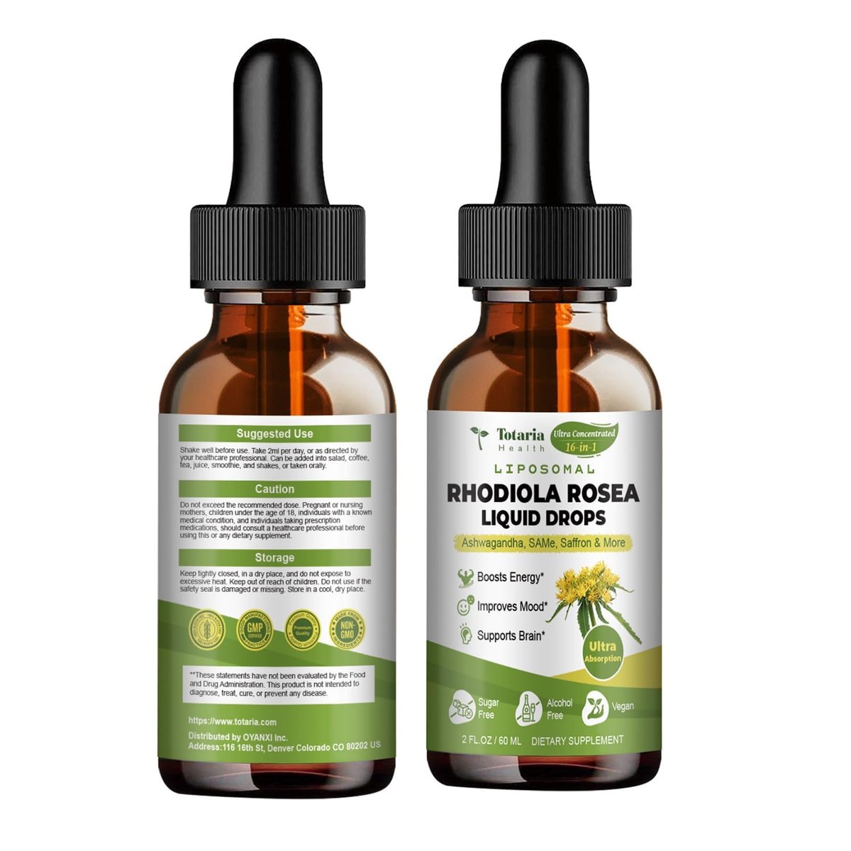 Totaria 16-in-1 Liposomales Rhodiola Rosea Präparat Tinktur 1000mg, Ultra-Stärke Rhodiola 10:1 Wurzelextrakt mit Ashwagandha, Rhodiola Flüssigtropfen für natürliche Entspannung, Stimmung, Energie, alkoholfrei