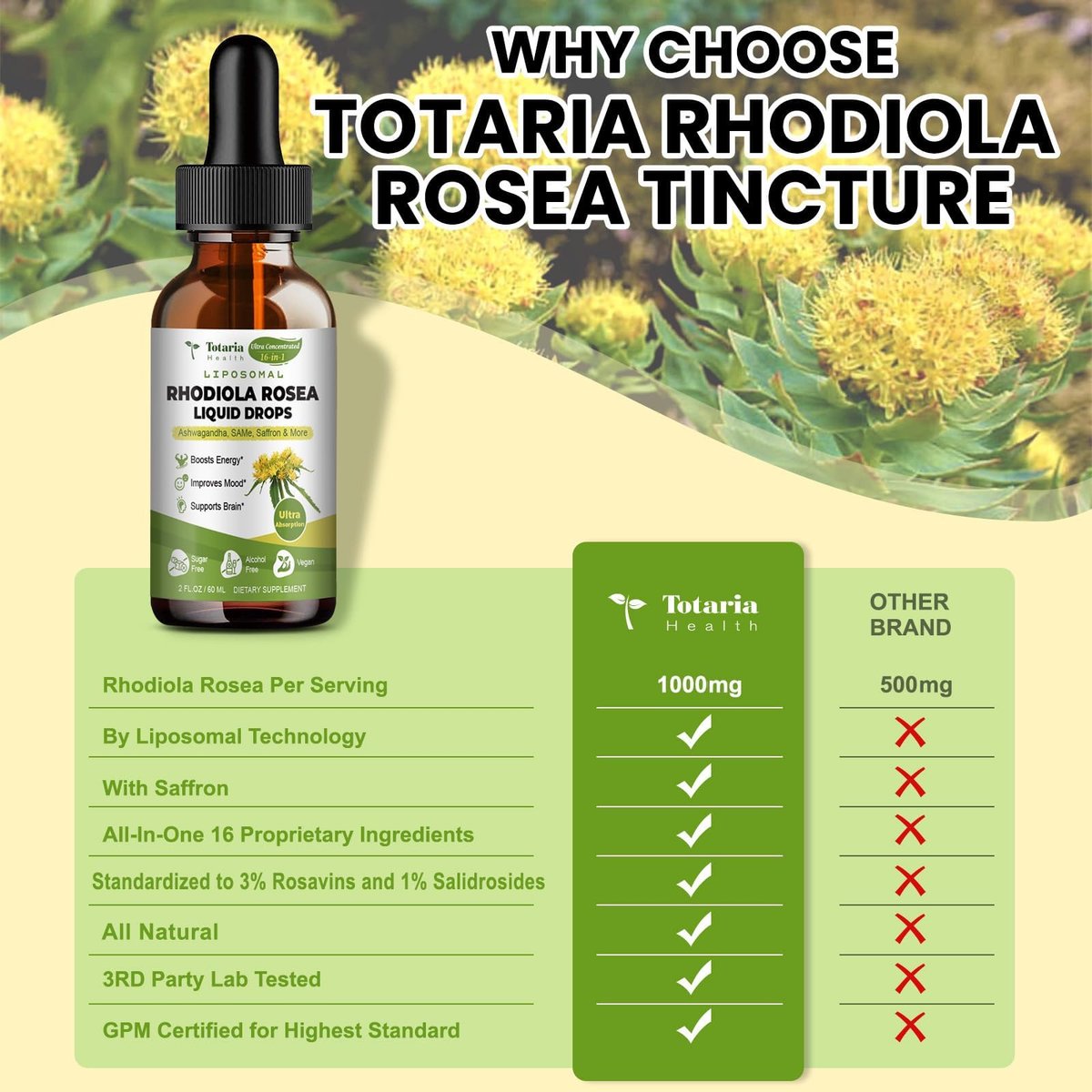 Totaria 16-in-1 Liposomales Rhodiola Rosea Präparat Tinktur 1000mg, Ultra-Stärke Rhodiola 10:1 Wurzelextrakt mit Ashwagandha, Rhodiola Flüssigtropfen für natürliche Entspannung, Stimmung, Energie, alkoholfrei