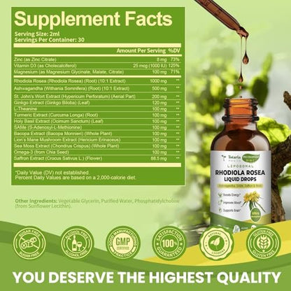 Totaria 16-in-1 Liposomales Rhodiola Rosea Präparat Tinktur 1000mg, Ultra-Stärke Rhodiola 10:1 Wurzelextrakt mit Ashwagandha, Rhodiola Flüssigtropfen für natürliche Entspannung, Stimmung, Energie, alkoholfrei