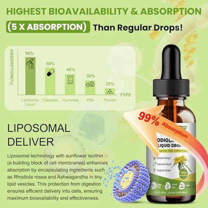 Totaria 16-in-1 Liposomales Rhodiola Rosea Präparat Tinktur 1000mg, Ultra-Stärke Rhodiola 10:1 Wurzelextrakt mit Ashwagandha, Rhodiola Flüssigtropfen für natürliche Entspannung, Stimmung, Energie, alkoholfrei